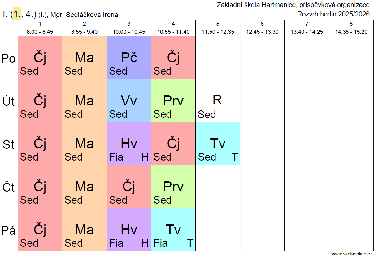 Rozvrh hodin 2025/ 2026 - 1. ročník