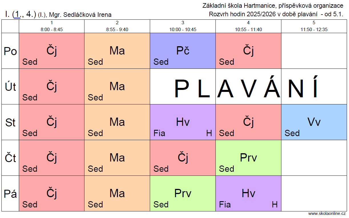 Rozvrh hodin 2025/ 2026 - 1. ročník 