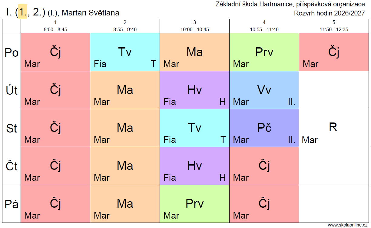 Rozvrh hodin 2026/ 2027 - 1. ročník