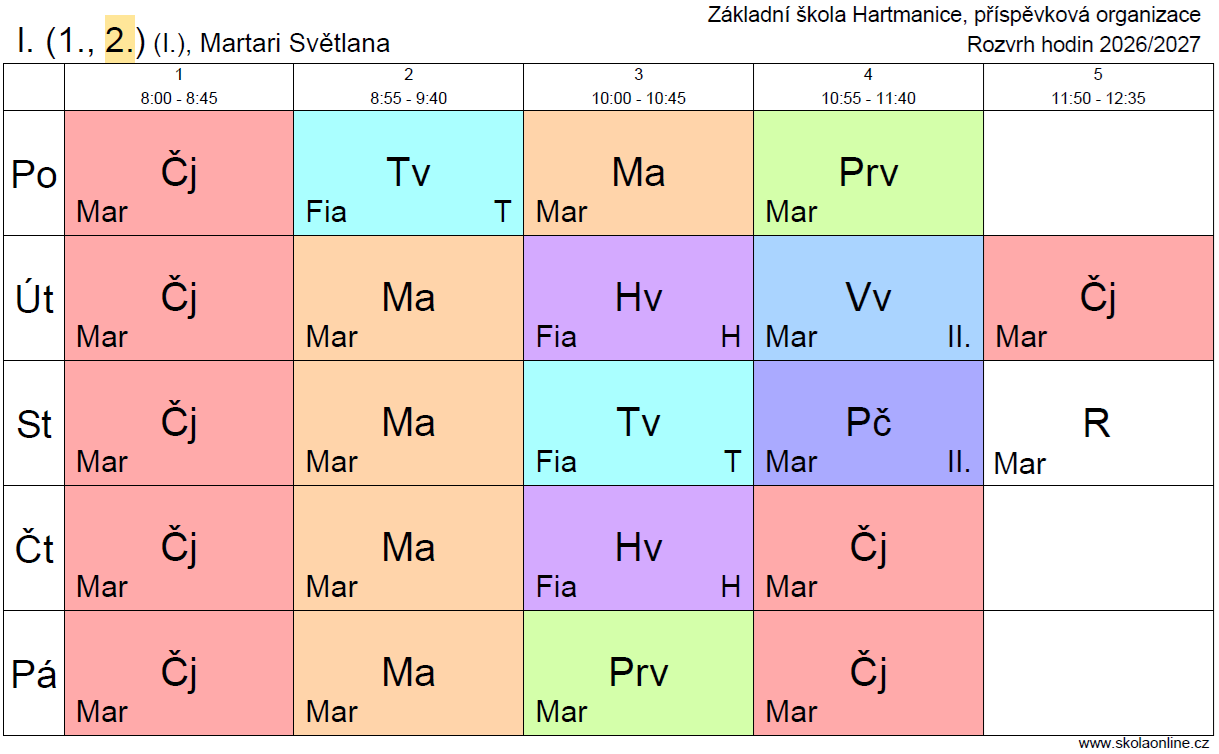 Rozvrh hodin 2026/ 2027 - 2. ročník